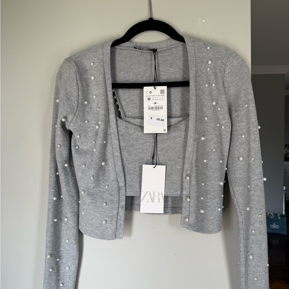 Zara Gray Cardigan with Pearl Details